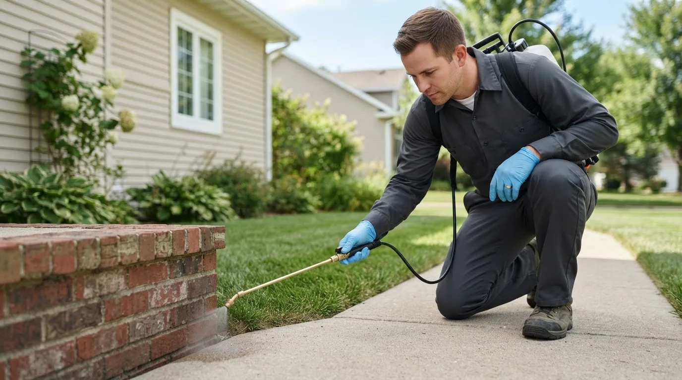 Pest control technician treating a home near Mccordsville, IN