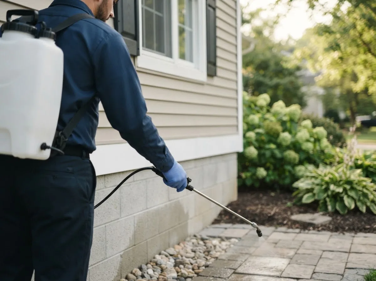 Pest control technician inspecting a home in Mccordsville, IN
